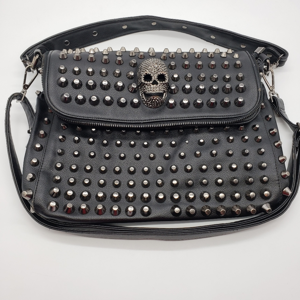 Scarleton women vegan black bag skeleton studs hand crossbody strap zebra lining